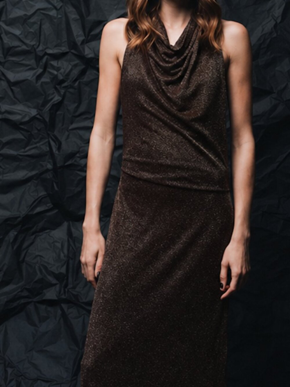 ZARA Brown Metallic Halter Maxi Dress Open Back Cowl Neck XS NWT